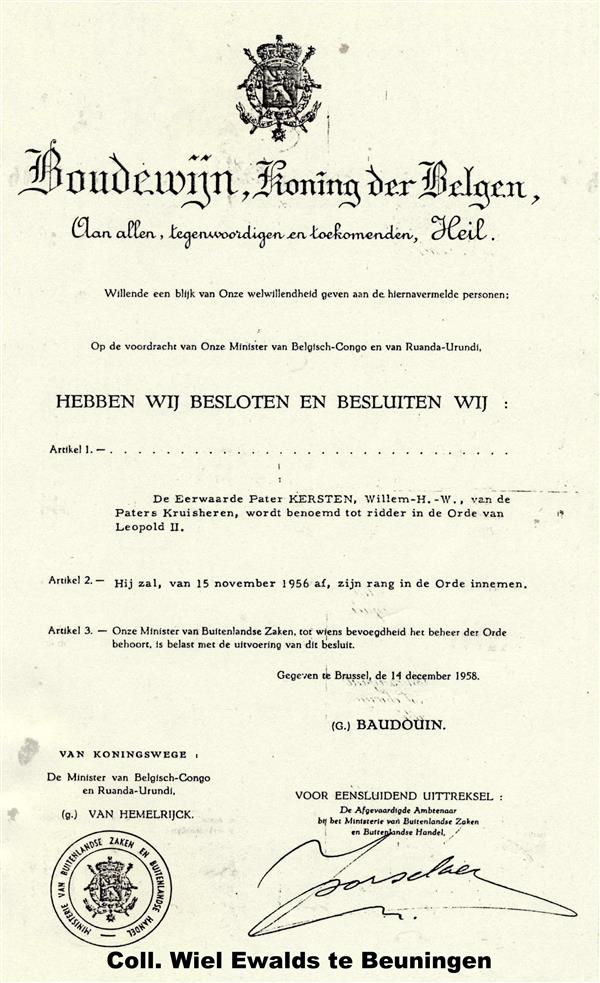 w.h.w. kersten brussel 14121958 orde van leopold 2 belgië coll. wiel ewalds Custom